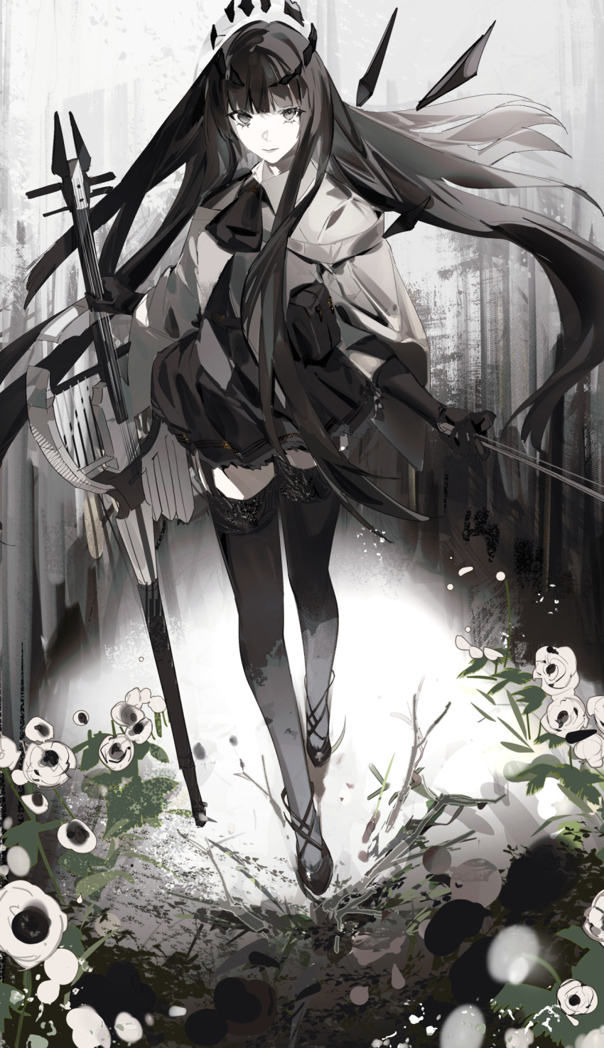 1girl aonogura arknights ascot black_ascot black_eyes black_footwear black_garter_straps black_gloves black_hair black_halo black_skirt black_thighhighs black_wings blunt_bangs bow_(music) broken_halo cello closed_mouth collared_jacket colored_skin commentary_request dark_halo detached_wings energy_wings expressionless floating_hair flower full_body garter_straps gloves halo high_heels highres hime_cut holding holding_bow_(music) holding_instrument instrument jacket layered_sleeves legs long_hair long_sleeves looking_at_viewer miniskirt pleated_skirt pouch rose short-sleeved_jacket short_over_long_sleeves short_sleeves sidelocks skirt solo standing straight_hair strap strappy_heels thigh-highs very_long_hair virtuosa_(arknights) walking white_flower white_jacket white_rose white_skin wide_sleeves wing_collar wings zettai_ryouiki