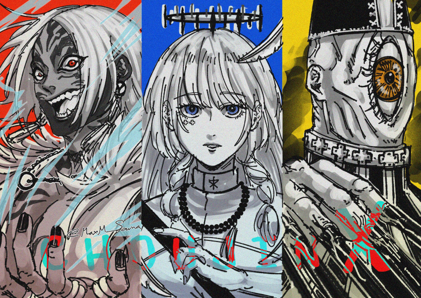 1girl 2boys absurdres antitise_(choujin_x) bead_necklace beads black_halo braid choujin_x cross_tattoo crown_of_thorns cyclops dark-skinned_male dark_skin earrings facial_tattoo halo hand_gesture highres jewelry laughing looking_at_viewer macman_queem_(choujin_x) maxm_sama military multicolored_background multiple_boys necklace nun one-eyed red_eyes ribbon_earrings shiruha_sora_(choujin_x) signature tattoo twin_braids yellow_eyes