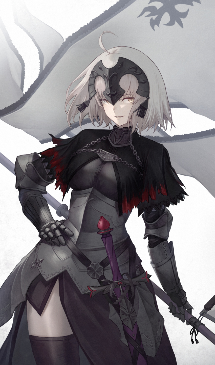 1girl ahoge armor armored_dress banner black_capelet black_dress black_thighhighs breasts cape capelet chain cowboy_shot dress fate/grand_order fate_(series) faulds flag fur-trimmed_cape fur_trim gauntlets headpiece highres holding holding_flag jeanne_d'arc_alter_(avenger)_(fate) jeanne_d'arc_alter_(avenger)_(first_ascension)_(fate) jeanne_d'arc_alter_(fate) large_breasts looking_at_viewer plackart short_hair smile solo standard_bearer sword thigh-highs torn_capelet torn_clothes weapon white_flag white_hair yasu_(segawahiroyasu) yellow_eyes