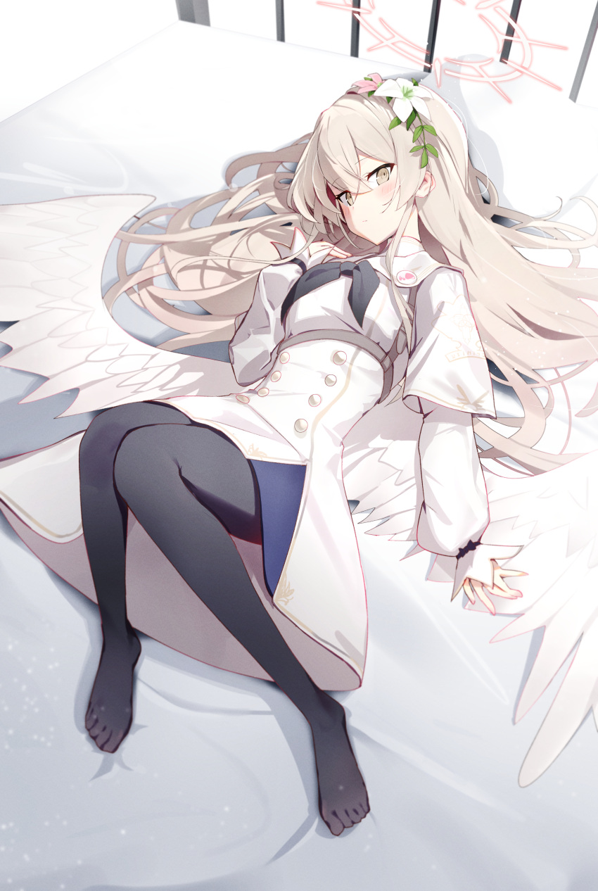 1girl absurdres angel_wings black_pantyhose blue_archive blush closed_mouth dress feathered_wings full_body hair_between_eyes halo highres light_brown_hair long_hair long_sleeves nagisa_(blue_archive) no_shoes pantyhose pink_halo solo toes white_dress white_wings wings yamada_auto yellow_eyes