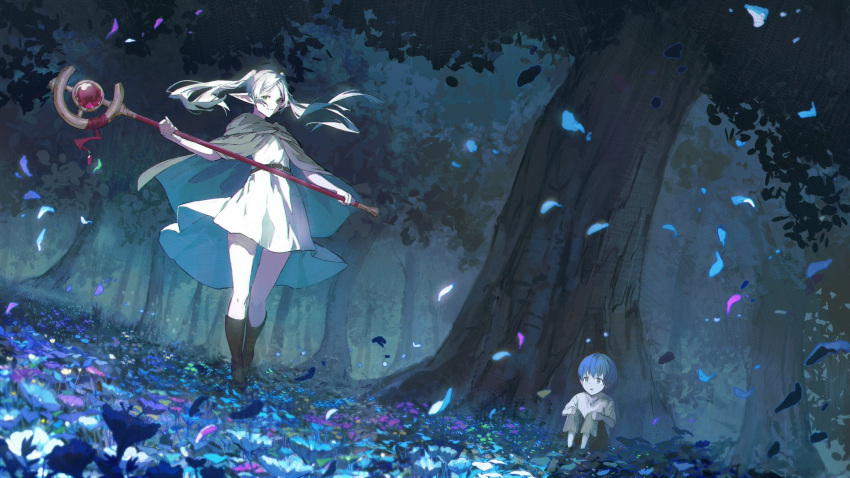 1boy 1girl aged_down belt blue_eyes blue_hair cape commentary_request dress elf falling_petals field floating flower flower_field forest frieren full_body green_eyes hair_lift highres himmel_(sousou_no_frieren) holding holding_staff long_hair mage_staff mmi_ryu nature open_mouth petals pointy_ears short_hair sitting sousou_no_frieren staff thighs tree twintails white_dress white_hair