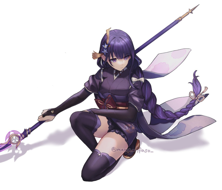 1girl blunt_bangs braid closed_mouth genshin_impact hair_ornament hair_ribbon highres holding holding_polearm holding_weapon japanese_clothes long_hair looking_to_the_side mano_(m1n0f2e1) mole mole_under_eye on_one_knee polearm purple_hair raiden_shogun ribbon simple_background single_braid solo thighs tomoe_(symbol) twitter_username violet_eyes weapon white_background
