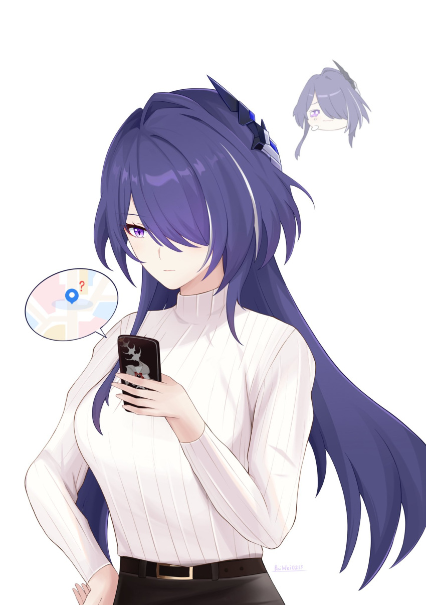 1girl ? acheron_(honkai:_star_rail) artist_name bad_id baiwei0213 belt black_belt black_pants chibi closed_mouth commentary crying crying_with_eyes_open hair_ornament hair_over_one_eye hand_on_own_hip highres holding holding_phone honkai:_star_rail honkai_(series) long_hair looking_at_phone map multicolored_hair pants phone purple_hair ribbed_sweater simple_background single_hair_intake solo streaked_hair sweater tears turtleneck turtleneck_sweater violet_eyes white_background