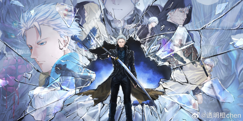 1boy blue_coat blue_eyes closed_mouth coat devil_may_cry_(series) devil_may_cry_5 fingerless_gloves gloves hair_slicked_back highres holding holding_sword holding_weapon katana male_focus multiple_boys solo sword vergil_(devil_may_cry) weapon weibo_6593651701 white_hair yamato_(sword)