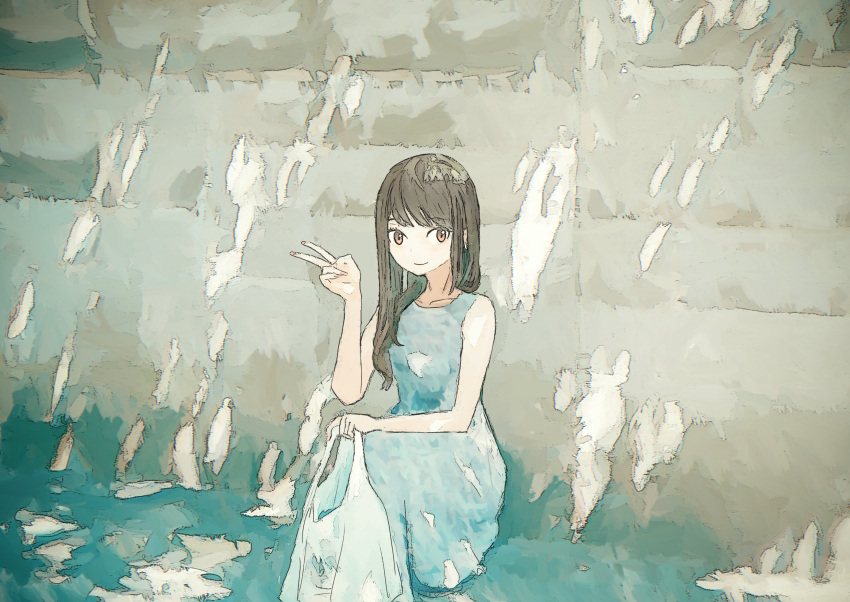 1girl absurdres blue_dress brown_eyes brown_hair closed_mouth dappled_sunlight dress hand_on_own_knee hand_up highres holding long_hair looking_at_viewer original ponta_(matsuokazieg) sitting sleeveless sleeveless_dress smile solo sunlight v