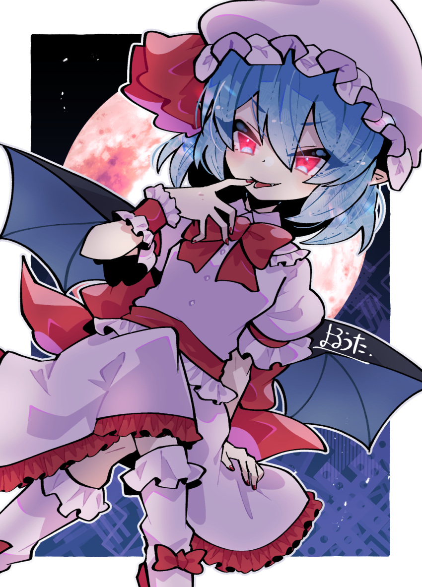 1girl blue_hair bow bowtie hat highres looking_at_viewer mob_cap moon pointy_ears red_bow red_bowtie red_eyes red_moon remilia_scarlet short_sleeves solo touhou yoruuta