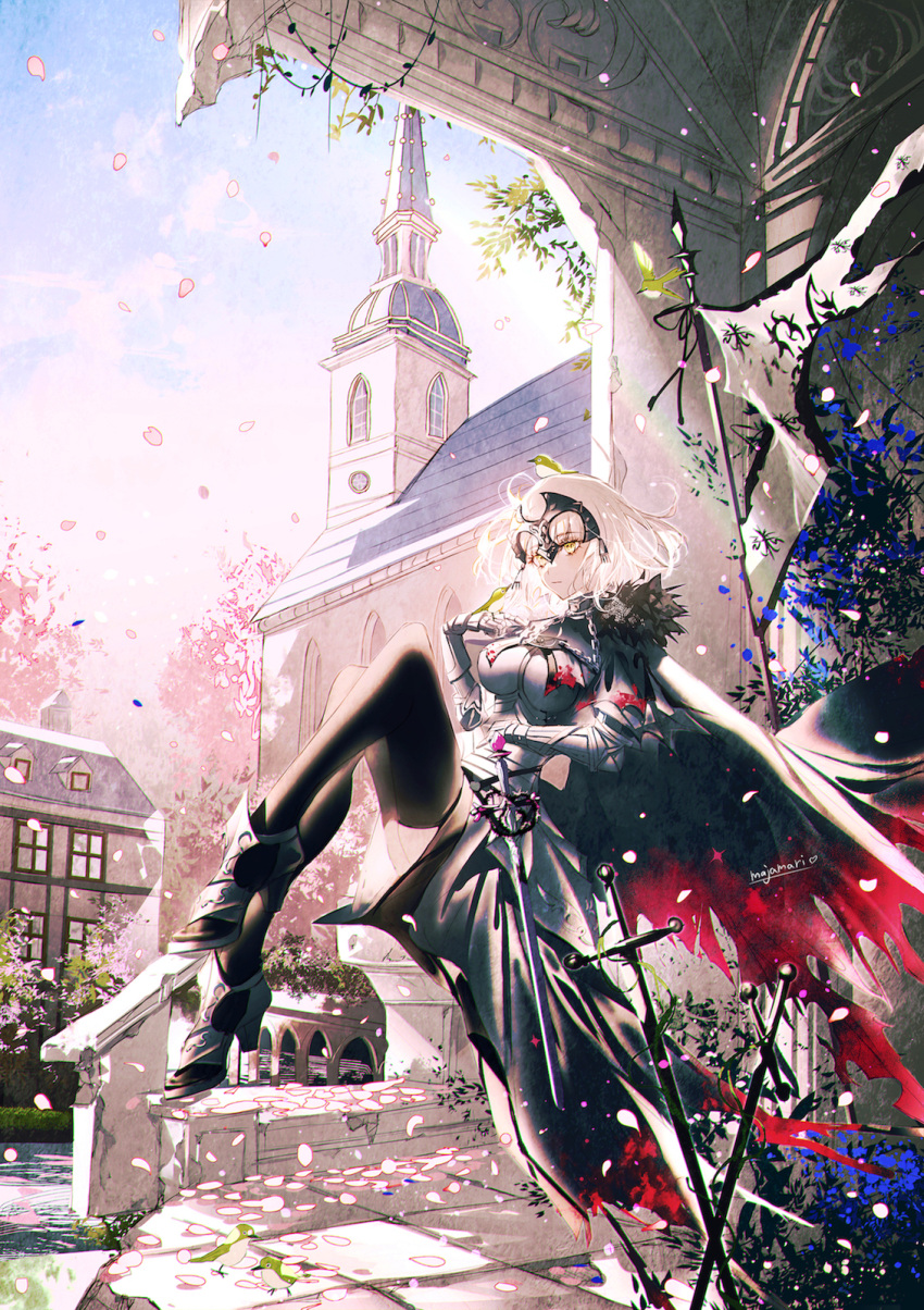1girl armor armored_dress bird black_cape boots breasts building cape chain cherry_blossoms church clouds commentary_request falling_petals fate/grand_order fate_(series) gauntlets hand_on_own_stomach headpiece high_heel_boots high_heels highres jeanne_d'arc_alter_(avenger)_(fate) jeanne_d'arc_alter_(fate) large_breasts leaf majamari multiple_swords petals plackart sitting sky solo statue sword thigh-highs tree weapon white_hair window yellow_eyes