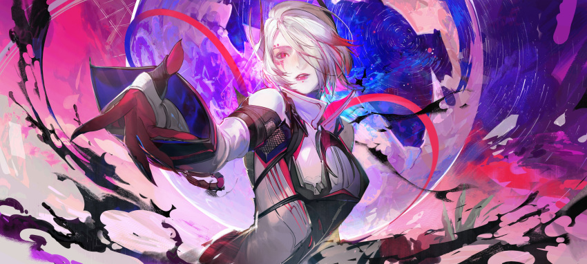 1girl absurdres apex_legends blood_moon_catalyst cable catalyst_(apex_legends) clouds colored_tips gloves hair_over_one_eye head_tilt highres jacket kurikabacha liquid multicolored_hair official_alternate_costume parted_lips red_eyes red_gloves redhead sky sleeves_past_wrists solo white_hair white_jacket