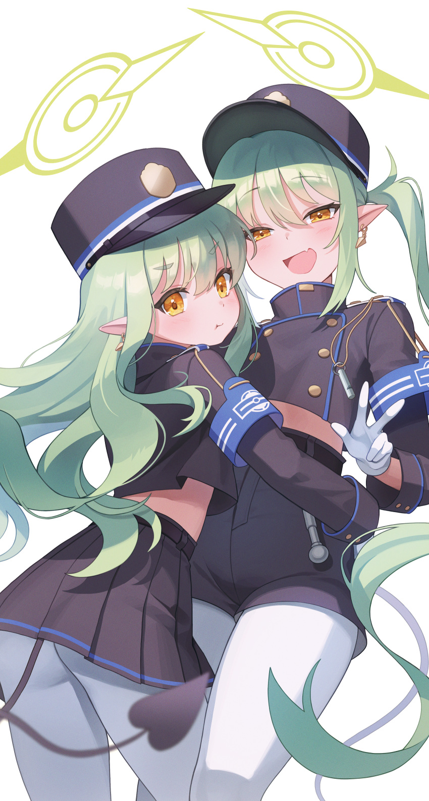 2girls absurdres black_hat black_jacket black_shorts black_skirt black_tail blue_archive blush buttons closed_mouth demon_tail double-breasted earrings fang green_hair hat highlander_sidelocks_conductor_(blue_archive) highlander_twintails_conductor_(blue_archive) highres jacket jewelry long_hair long_sleeves multiple_girls open_mouth pantyhose peaked_cap pleated_skirt pointy_ears shorts simple_background skin_fang skirt smile tail white_background white_pantyhose yellow_eyes yungjing