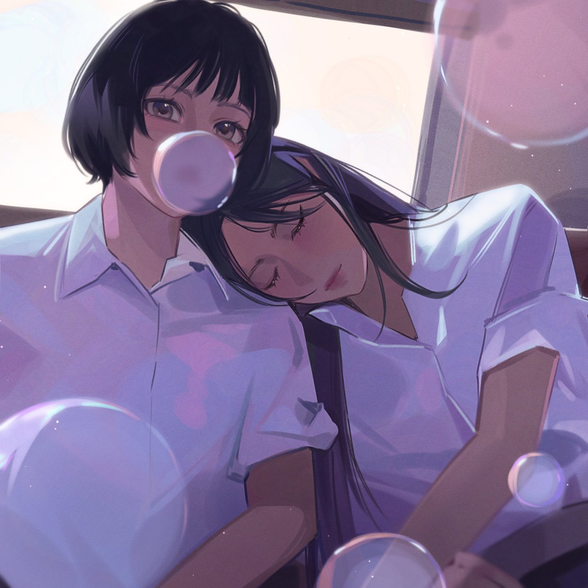 2girls black_hair blowing_bubbles brown_eyes closed_eyes closed_mouth collared_shirt commentary hanni_(newjeans) hashtag-only_commentary head_on_another's_shoulder highres indoors long_hair looking_at_viewer miix777 minji_(newjeans) multiple_girls newjeans real_life school_uniform shirt short_hair short_sleeves sleeping sleeping_on_person upper_body white_shirt