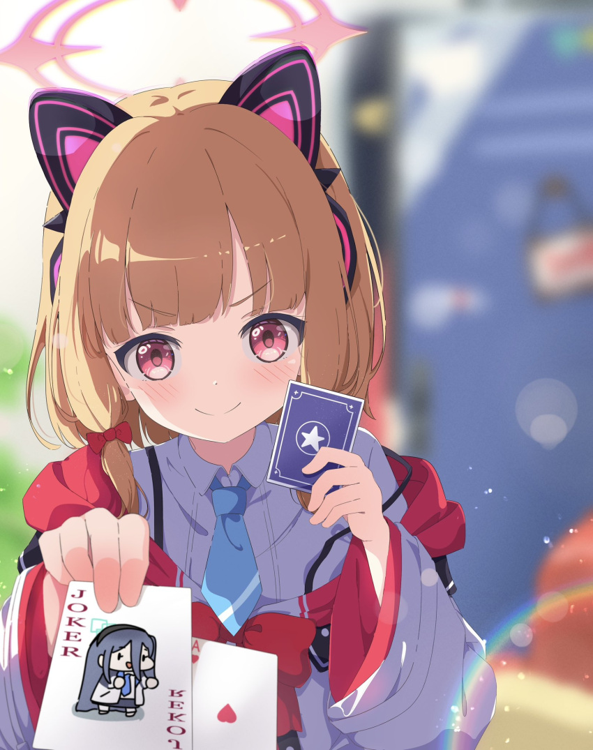 1girl ace_(playing_card) ace_of_hearts animal_ear_headphones animal_ears aris_(blue_archive) blue_archive blue_necktie blurry blurry_background blush bow card cat_ear_headphones fake_animal_ears green_halo halo haluka_o0 headphones heart highres jacket joker_(playing_card) lens_flare light_particles long_sleeves momoi_(blue_archive) necktie pink_halo playing_card red_eyes shirt short_hair smile solo white_jacket