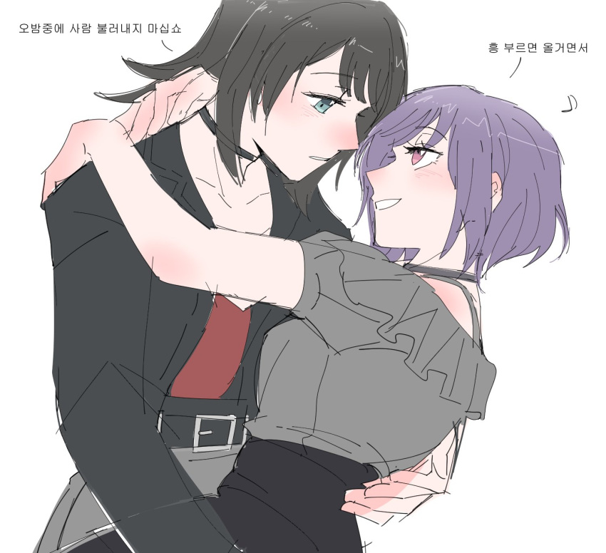 2girls arm_around_neck bang_dream! bang_dream!_it's_mygo!!!!! black_hair black_jacket black_skirt blue_eyes blush commentary_request eighth_note grey_shirt grey_skirt hand_on_another's_shoulder hand_on_another's_waist highres jacket korean_commentary korean_text long_sleeves multiple_girls musical_note open_clothes open_jacket open_mouth parted_lips pink22_21 pink_eyes purple_hair red_shirt shirt short_hair short_sleeves simple_background skirt smile translation_request upper_body white_background yahata_umiri yuri yuutenji_nyamu