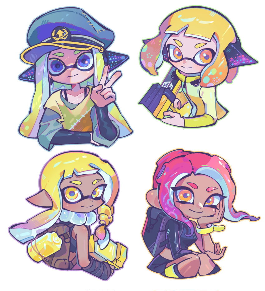 4girls agent_3_(splatoon) agent_3_(splatoon_3) agent_4_(splatoon) agent_8_(splatoon) backpack bag black_jacket blonde_hair blue_eyes brown_bag closed_mouth commentary cropped_jacket cropped_torso dark-skinned_female dark_skin eyebrow_cut gun hand_on_own_face hat headphones hero_shot_(splatoon_2) hero_shot_(splatoon_3) highres holding holding_gun holding_weapon inkling inkling_girl inkling_player_character jacket long_hair looking_at_viewer medium_hair multiple_girls octoling octoling_girl octoling_player_character orange_eyes orange_hair peaked_cap pointy_ears redhead simple_background smile splatoon_(series) splatoon_2 splatoon_2:_octo_expansion splatoon_3 tentacle_hair thick_eyebrows ufo_sw upper_body v weapon white_background yellow_eyes yellow_jacket