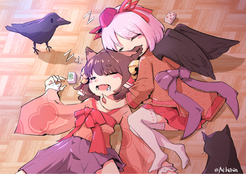 2girls animal_ears bird black_cat black_wings blush bow brown_hair cat cat_ears cat_girl closed_eyes commentary_request crow full_body h.b hat highres ichihime indie_virtual_youtuber japanese_clothes kimono long_sleeves mahjong_soul mahjong_tile medium_bangs multiple_girls no_shoes open_mouth orange_kimono pink_kimono purple_skirt red_bow red_hat red_skirt ribbon-trimmed_thighhighs ribbon_trim senba_kurono short_hair skirt sleeping thigh-highs tokin_hat virtual_youtuber white_thighhighs wide_sleeves wings wooden_floor zzz