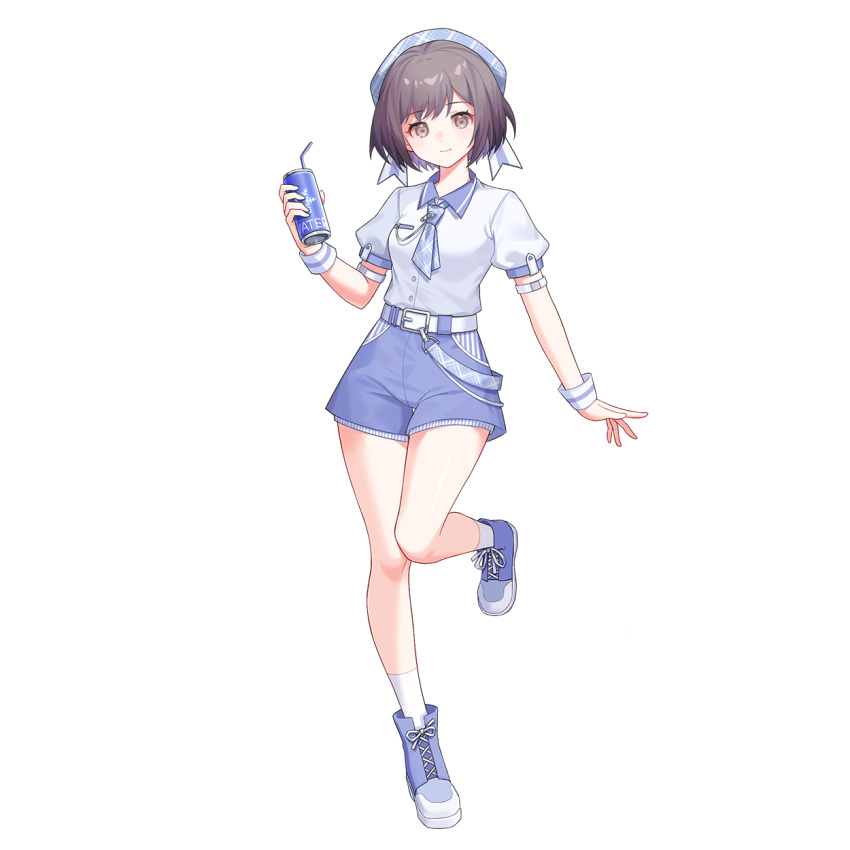 1girl bang_dream! bang_dream!_it's_mygo!!!!! bianxieshi_aji_ng blue_footwear blue_hat blue_necktie blue_shorts brown_eyes can chinese_commentary closed_mouth collared_shirt commentary_request commission drinking_straw full_body grey_hair hat highres holding holding_can looking_at_viewer necktie second-party_source shirt shoes short_hair short_sleeves shorts simple_background smile sneakers socks solo takamatsu_tomori white_background white_shirt white_socks wrist_cuffs