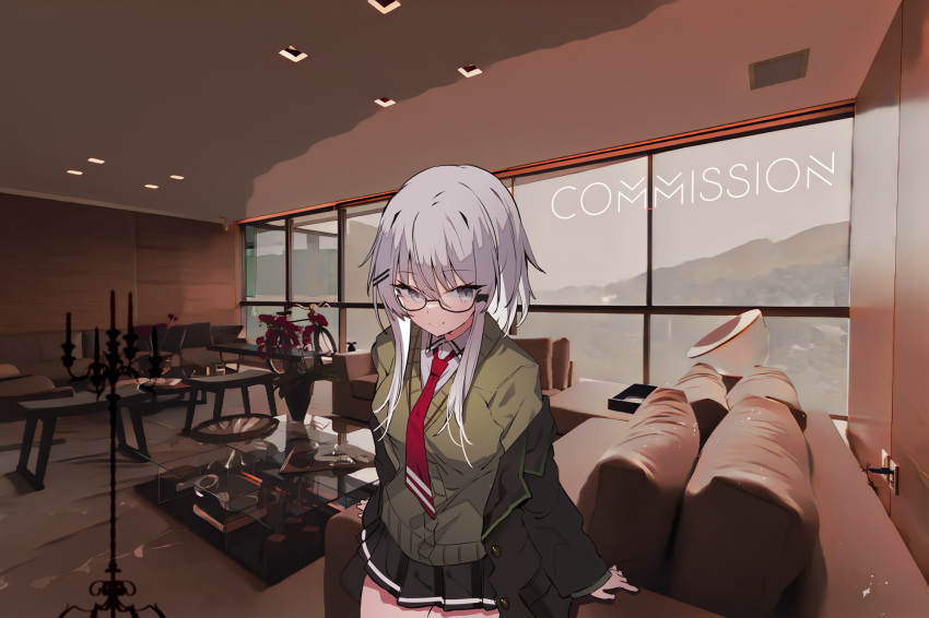1girl black_jacket black_skirt cardigan closed_mouth collared_shirt commission cowboy_shot glasses green_cardigan grey_eyes grey_hair hair_ornament hairclip highres indie_virtual_youtuber indoors jacket kusukage_myxa looking_at_viewer miniskirt necktie open_clothes open_jacket pleated_skirt red_necktie school_uniform shirt sidelocks skeb_commission skirt solo soukou_makura virtual_youtuber white_shirt