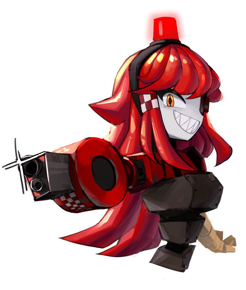 1girl aiming aiming_at_viewer alarm_siren arm_cannon borrowed_character colored_skin commentary cropped_torso crosshair_pupils english_commentary fewer_digits grin heterochromia highres joints long_hair looking_at_viewer mimi-sentry myanja original personification red_eyes redhead robot robot_girl robot_joints sharp_teeth simple_background smile solo sparkle team_fortress_2 teeth upper_body very_long_hair weapon white_background white_skin yellow_eyes