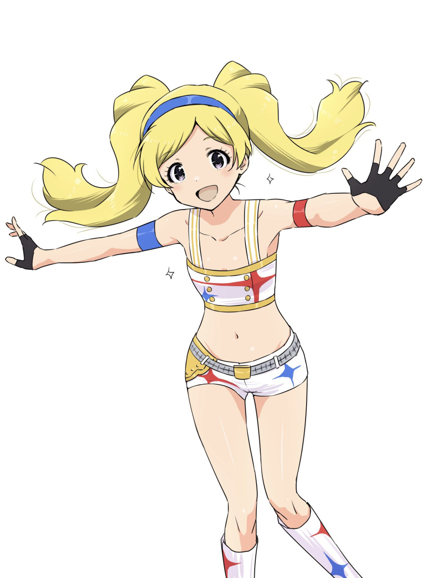1girl armpits bare_shoulders belt blonde_hair blue_hairband blush collarbone commentary_request cowboy_shot dot_nose eyelashes fingerless_gloves fluffy_hair gloves grey_belt hairband highres idolmaster idolmaster_million_live! idolmaster_million_live!_theater_days kneehighs looking_at_viewer matcha_kingyo navel official_alternate_costume open_hands open_mouth outstretched_arms parted_bangs shoulder_strap sidelocks simple_background smile socks solo sparkle spread_arms standing tank_top twintails violet_eyes white_background