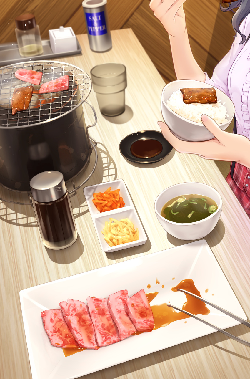 1girl black_hair blurry blurry_background bowl breasts cup frilled_shirt frills grill highres holding holding_bowl medium_breasts miso_soup original out_of_frame plaid plaid_skirt red_skirt rice_bowl shadow shichirin shirt skirt sliced_meat smoke soy_sauce table tissue_box white_shirt wooden_table yakiniku yutuki_ame