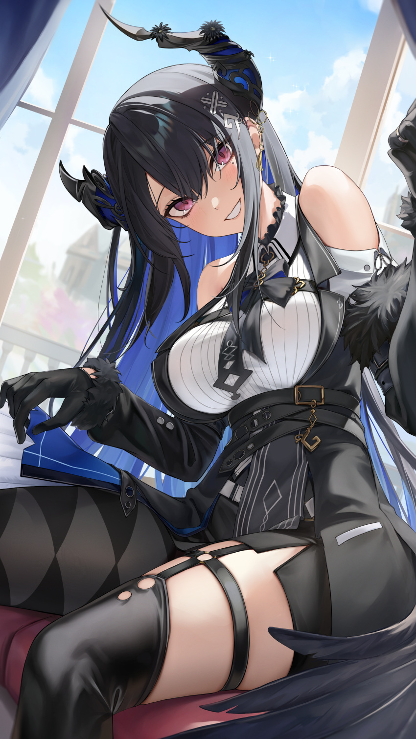 1girl absurdres aoi_13 asymmetrical_horns bare_shoulders black_gloves black_hair black_sleeves blue_hair blush breasts colored_inner_hair demon_horns fur-trimmed_sleeves fur_trim gloves hair_ornament head_tilt highres hololive hololive_english horns large_breasts long_hair looking_at_viewer mole mole_under_eye multicolored_hair nerissa_ravencroft nerissa_ravencroft_(1st_costume) open_mouth red_eyes sitting smile solo two-tone_hair uneven_horns very_long_hair virtual_youtuber