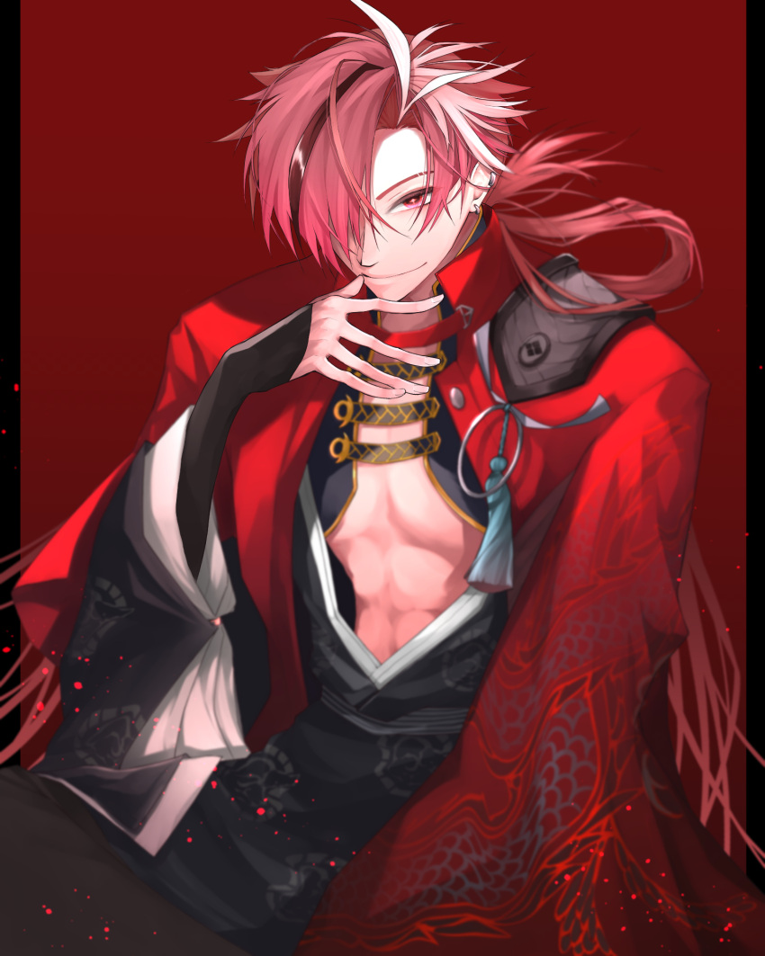 1boy abs black_hair dragon_print earrings eyebrow_cut fate/grand_order fate_(series) hair_over_one_eye hazuki-a highres jacket japanese_clothes jewelry long_hair long_sleeves looking_at_viewer low_ponytail male_focus multicolored_hair pectoral_cleavage pectorals red_background red_eyes red_jacket redhead simple_background smile solo streaked_hair takasugi_shinsaku_(fate) toned toned_male upper_body white_hair