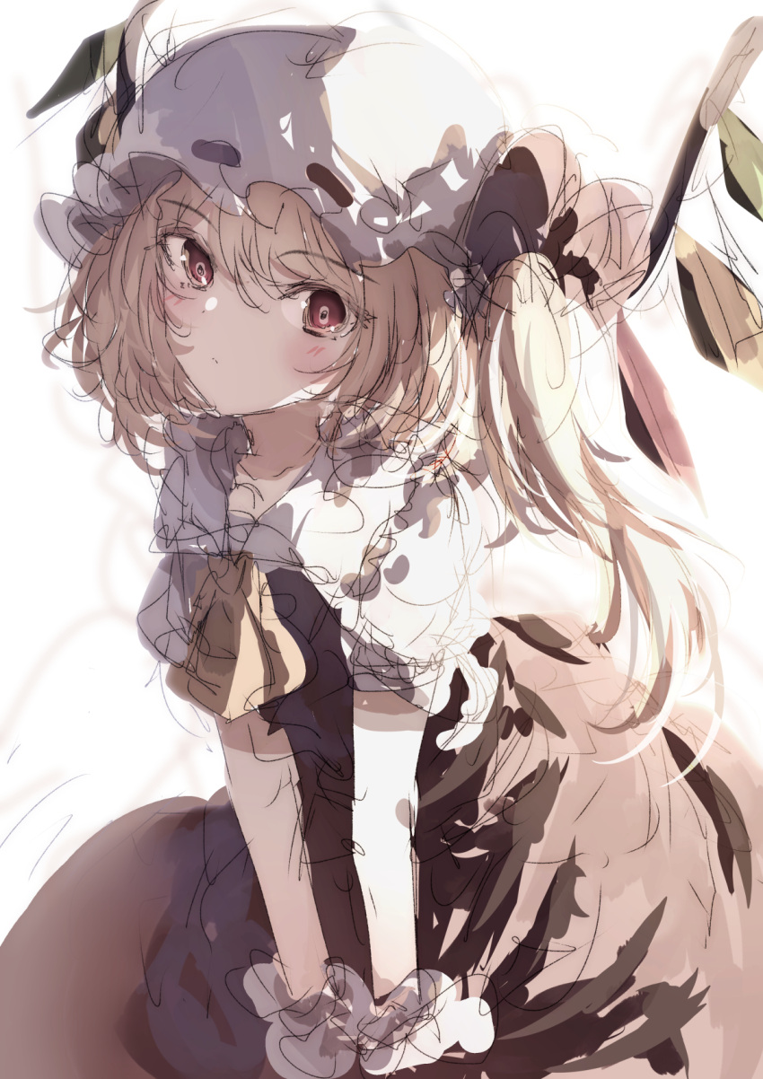1girl ascot blonde_hair crystal flandre_scarlet hat hat_ribbon highres mob_cap multicolored_wings natsume_suzuri one_side_up puffy_short_sleeves puffy_sleeves red_eyes red_skirt red_vest ribbon short_sleeves side_ponytail skirt skirt_set solo touhou vest white_headwear wings yellow_ascot