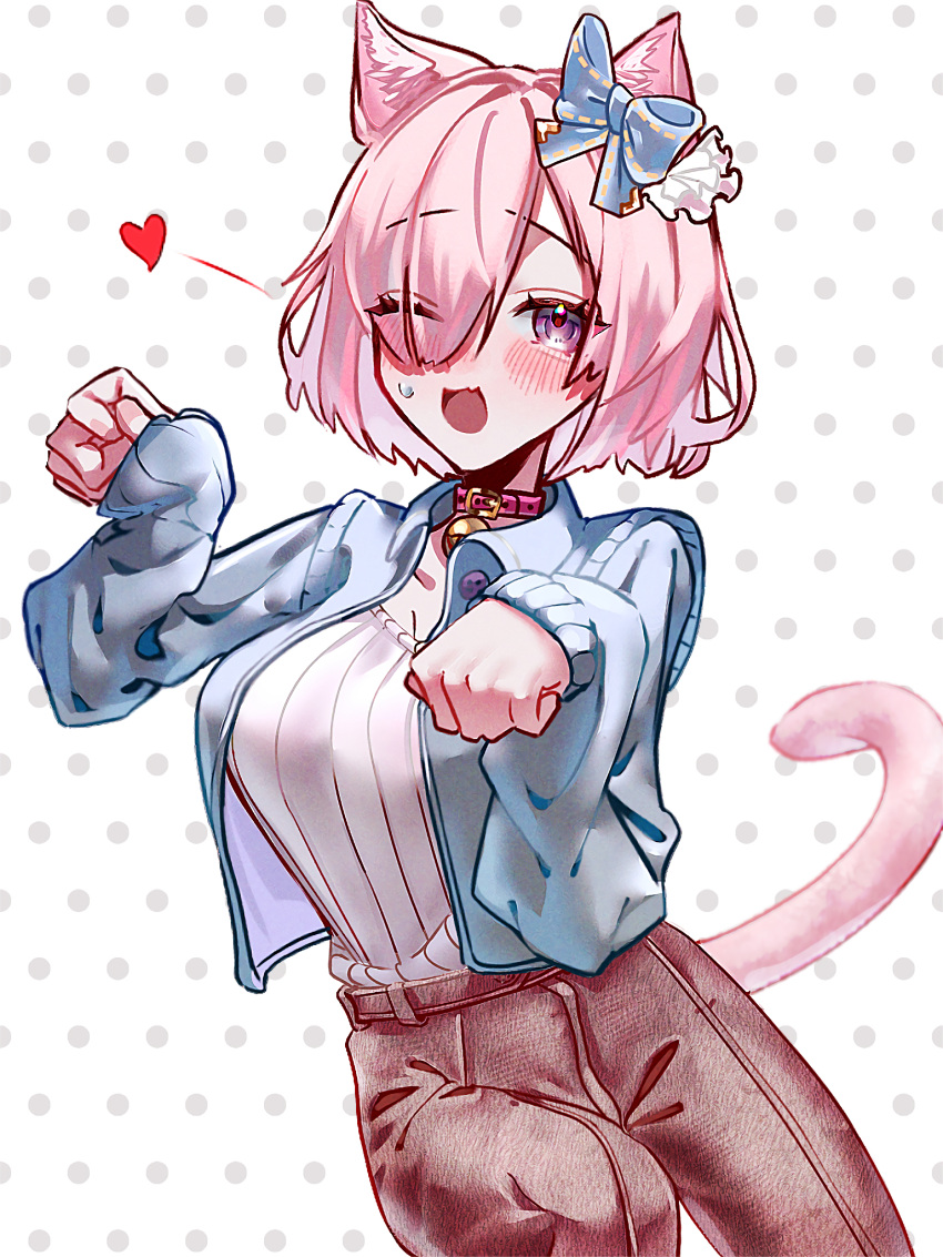 1girl alternate_costume animal_ear_fluff animal_ears bell blush cat_ears cat_girl cat_tail fate/grand_order fate_(series) heart highres huo_ting jacket looking_at_viewer mash_kyrielight neck_bell one_eye_closed open_clothes open_jacket pants paw_pose purple_hair ribbed_sweater ribbon short_hair solo sweater tail violet_eyes