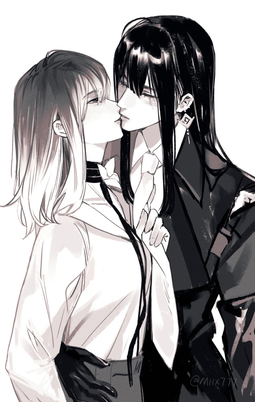 2girls chinese_commentary choker closed_eyes coat collared_shirt commentary_request earrings gloves gradient_hair greyscale hand_on_another's_waist highres jewelry kiss long_hair long_sleeves miix777 monochrome multicolored_hair multiple_girls necktie necktie_grab neckwear_grab path_to_nowhere rahu_(path_to_nowhere) scar scar_across_eye shalom_(path_to_nowhere) shirt twitter_username upper_body yuri