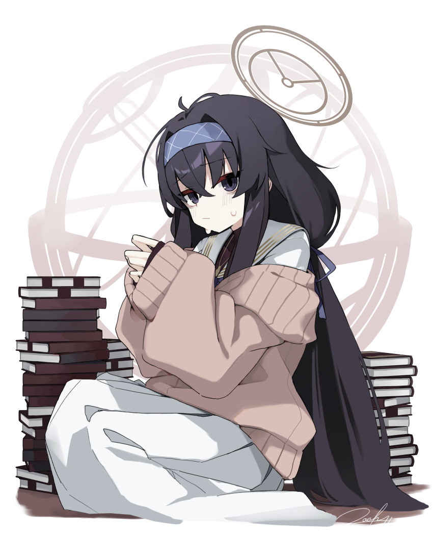 1girl absurdres black_hair blue_archive book book_stack brown_cardigan brown_halo cardigan closed_mouth hairband halo highres loah_66 long_hair long_sleeves looking_at_viewer low_twintails puffy_long_sleeves puffy_sleeves purple_hairband sailor_collar shirt signature simple_background sitting skirt sleeves_past_wrists solo sweat too_many too_many_books twintails ui_(blue_archive) very_long_hair violet_eyes white_background white_sailor_collar white_shirt white_skirt
