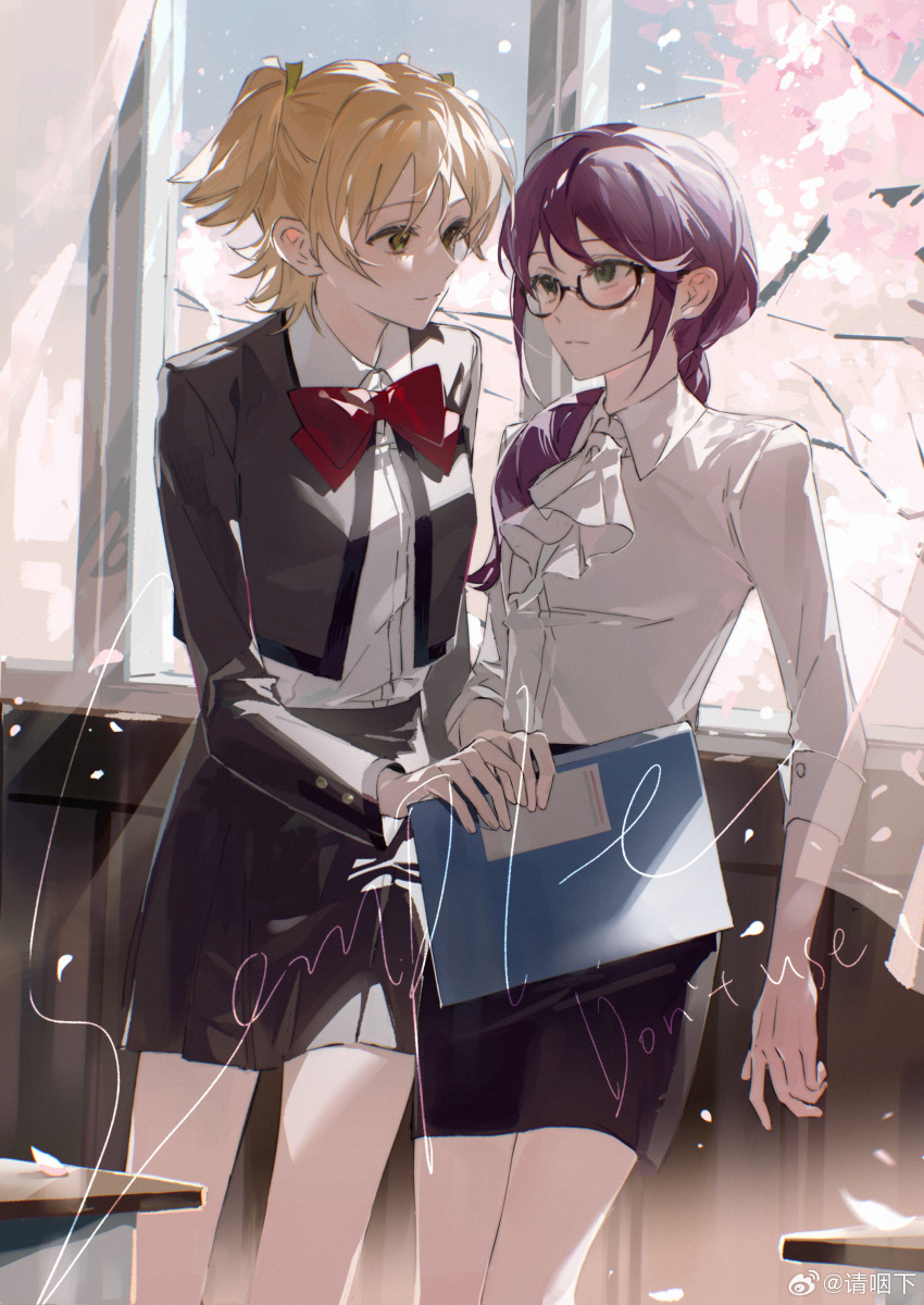 2girls absurdres ascot black_skirt blonde_hair blush bow bowtie cherry_blossoms closed_mouth collared_shirt cropped_jacket curtains daiba_nana dress_shirt glasses green_eyes grey_jacket grey_skirt highres hoshimi_junna indoors jacket long_hair long_sleeves looking_at_another multiple_girls open_clothes open_jacket pleated_skirt ponytail purple_hair qing_yan_xia red_bow red_bowtie sample_watermark shirt short_hair shoujo_kageki_revue_starlight skirt sleeves_past_elbows two_side_up watermark weibo_logo weibo_watermark white_ascot white_shirt window yellow_eyes