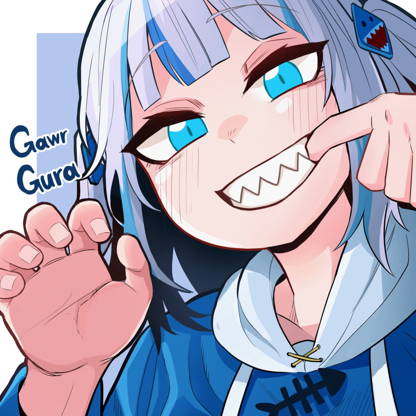 1girl blue_eyes blunt_bangs character_name finger_in_own_mouth gawr_gura hair_ornament hairpin hand_up highres hololive hololive_english hood hood_down hoodie looking_at_viewer multicolored_hair portrait sharp_teeth simple_background smile solo streaked_hair sung08ko teeth two-tone_hair virtual_youtuber white_hair