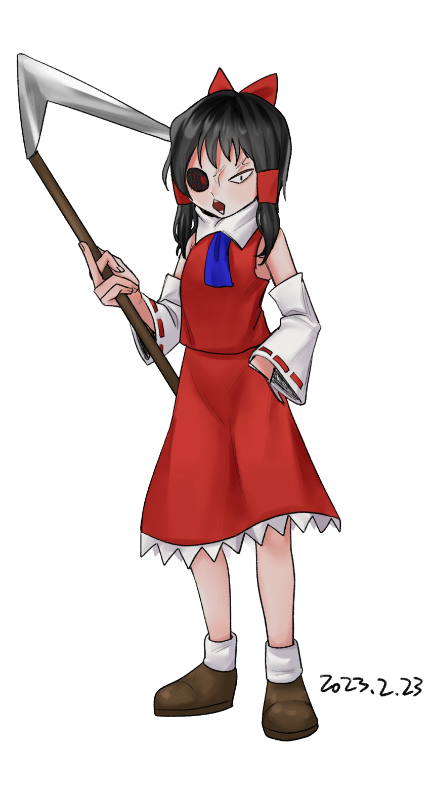 1girl absurdres akaakaakaakashio anger_vein ascot black_hair black_sclera blue_ascot bow brown_footwear chinese_commentary colored_sclera commentary_request cookie_(touhou) dated detached_sleeves frilled_skirt frills full_body hair_bow hair_tubes hakurei_reimu hand_in_pocket heterochromia highres holding holding_scythe looking_at_viewer medium_bangs medium_hair mismatched_sclera open_mouth red_bow red_eyes red_shirt red_skirt ribbon-trimmed_sleeves ribbon_trim scythe shirt shoes sidelocks simple_background skirt skirt_set sleeveless sleeveless_shirt smile solo togashi_(cookie) touhou white_background white_sleeves wide_sleeves