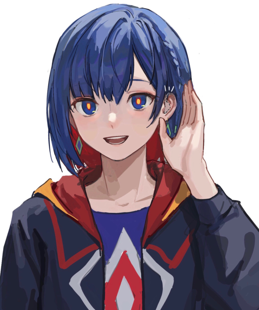 1girl black_jacket blue_eyes blue_hair blue_shirt collarbone colored_inner_hair diamond_earrings earrings hair_behind_ear hand_up highres hood hooded_jacket jacket jewelry kamitsubaki_studio long_sleeves looking_at_viewer multicolored_eyes multicolored_hair notice_lines open_clothes open_jacket open_mouth orange_pupils red_eyes red_hood redhead rim_(kamitsubaki_studio) shirt simple_background smile solo upper_body virtual_youtuber white_background wireless_earphones zhongmu