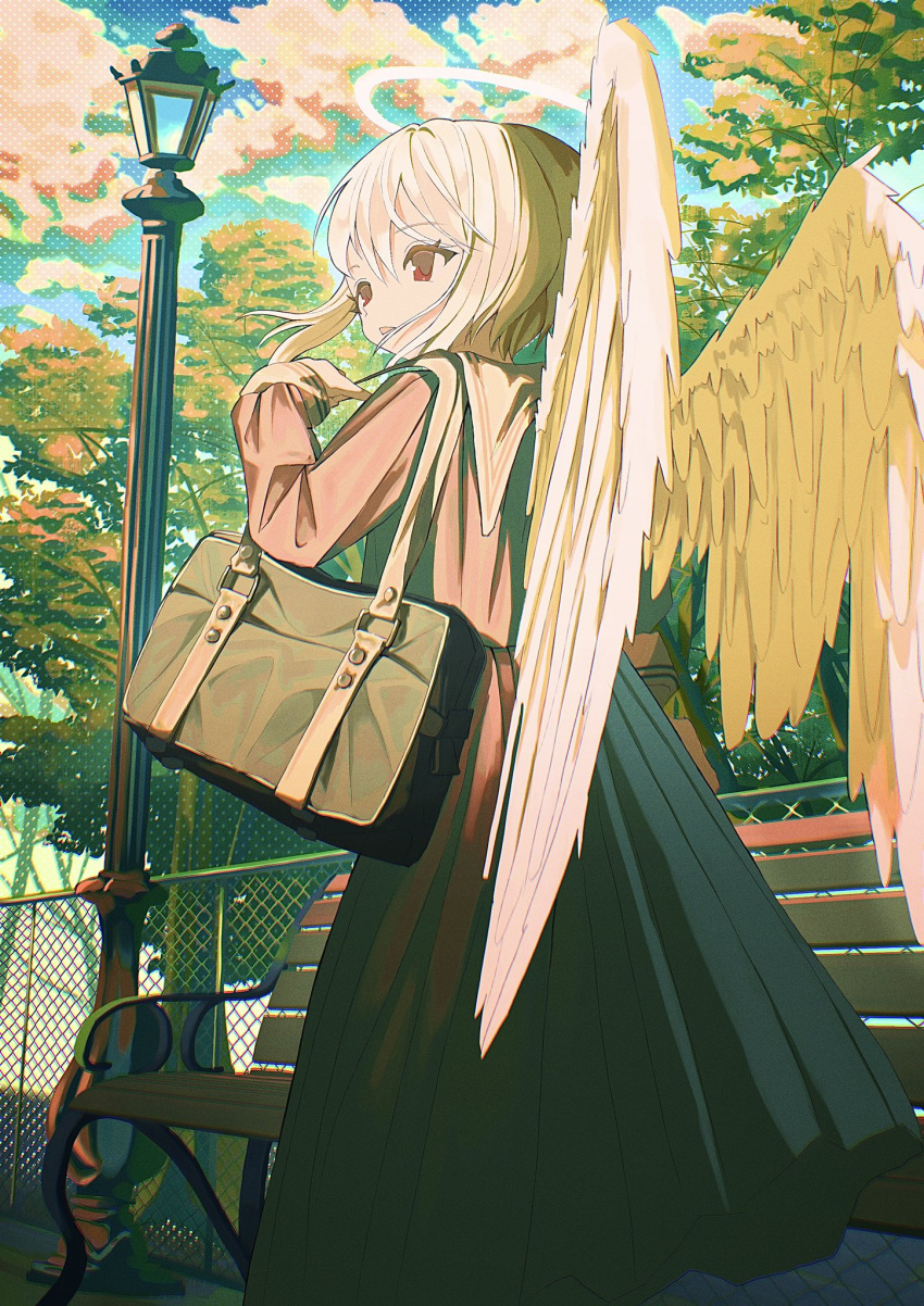 1girl angel angel_wings bag bench chain-link_fence clouds day dress feathered_wings feet_out_of_frame fence from_behind halo hand_up highres kagenoyuhi lamppost long_dress long_sleeves looking_to_the_side original outdoors park_bench parted_lips red_eyes sailor_collar sailor_dress short_hair shoulder_bag solo standing tree white_hair white_sailor_collar white_wings wings