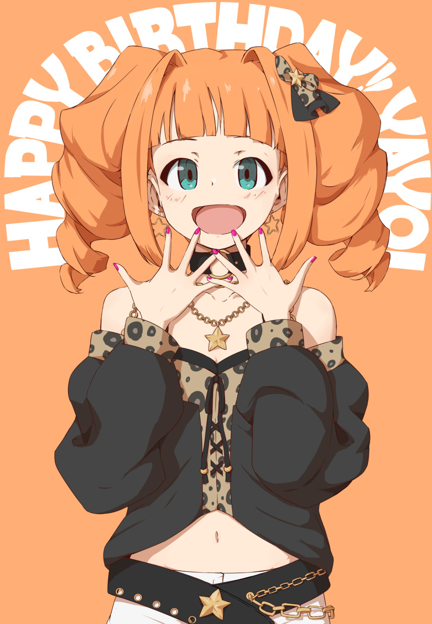1girl 39degrees :d bare_shoulders black_shirt blue_eyes blush bow choker commentary_request drill_hair earrings hair_bow hair_ornament hands_up happy happy_birthday highres idolmaster jewelry looking_at_viewer medium_hair midriff navel necklace o-ring o-ring_choker off-shoulder_shirt off_shoulder orange_hair pink_nails shirt smile solo star_(symbol) star_earrings star_hair_ornament star_necklace takatsuki_yayoi twin_drills twintails upper_body