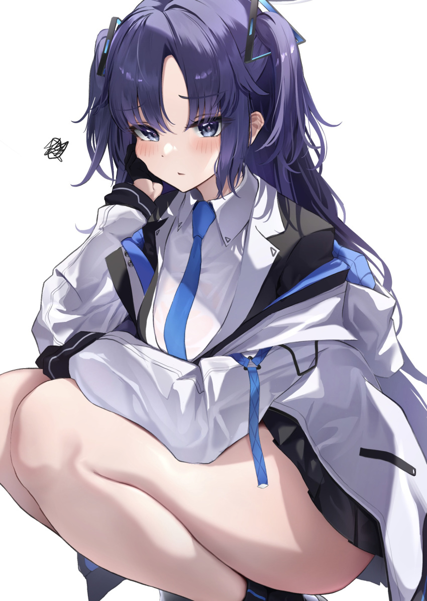 1girl black_skirt blue_archive blue_eyes blue_necktie blush breasts closed_mouth halo highres jacket jacket_partially_removed kneeling long_hair long_sleeves looking_at_viewer mechanical_halo medium_breasts necktie purple_hair shirt simple_background skirt solo thighs tol10131 triangle_hair_ornament two-sided_fabric two-sided_jacket violet_eyes white_background yuuka_(blue_archive)