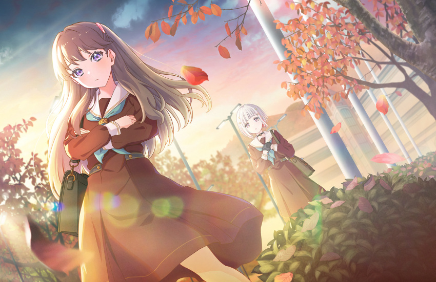 2girls :/ aqua_neckerchief autumn_leaves bag black_bag black_choker black_gloves bob_cut brown_dress brown_hair building bush choker closed_mouth colored_inner_hair crossed_arms diagonal_bangs dress dutch_angle falling_leaves feet_out_of_frame fujishima_megumi game_cg gloves grey_hair hair_ornament half_gloves hands_on_own_chest hasu_no_sora_school_uniform highres in-universe_location inverted_bob leaf lens_flare link!_like!_love_live! long_hair long_sleeves love_live! medium_dress multicolored_hair multiple_girls neckerchief o-ring o-ring_choker official_art outdoors own_hands_together parted_lips pink_eyes pleated_dress redhead sailor_collar sailor_dress school school_bag school_uniform short_hair shoulder_bag star_(symbol) star_hair_ornament streaked_hair sunset third-party_source two_side_up violet_eyes virtual_youtuber white_sailor_collar winter_uniform yugiri_tsuzuri