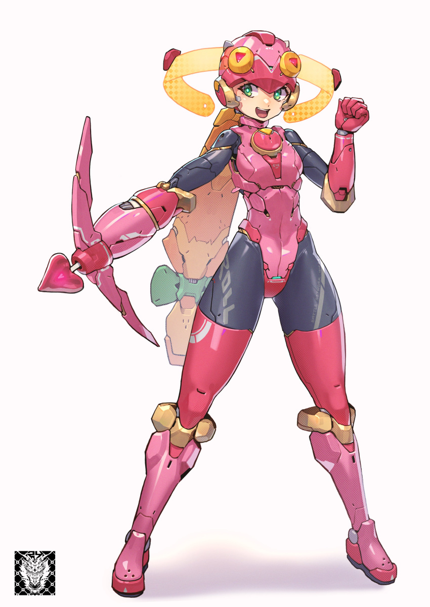 1girl absurdres adapted_costume arm_cannon arrow_(projectile) artist_logo black_bodysuit blonde_hair bodysuit bow_(weapon) clothes_writing green_eyes helmet highres leotard long_hair mar10 mega_man_(series) mega_man_battle_network_(series) netnavi outstretched_arm pink_headwear pink_leotard red_thighhighs robot_girl roll.exe_(mega_man) simple_background smile solo thigh-highs weapon white_background