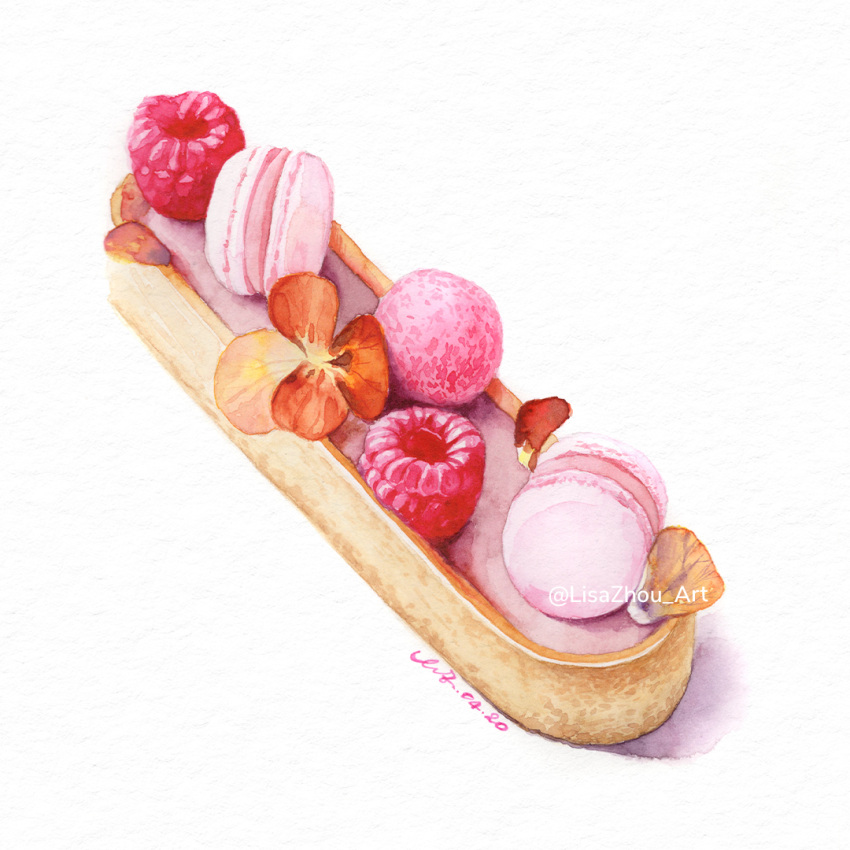 artist_name berry food food_focus fruit lisazhou_art macaron no_humans original painting_(medium) pastry raspberry simple_background traditional_media watercolor_(medium) white_background
