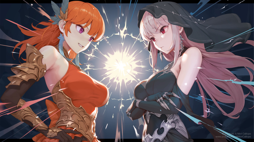 2girls absurdres armor bare_shoulders black_dress breasts corset dress earrings feather_earrings feather_hair_ornament feathers gum_shrew hair_ornament highres hololive hololive_english jewelry light_smile long_hair looking_at_another mori_calliope multiple_girls official_art orange_dress orange_hair pink_hair red_eyes sleeveless sleeveless_dress takanashi_kiara veil violet_eyes virtual_youtuber