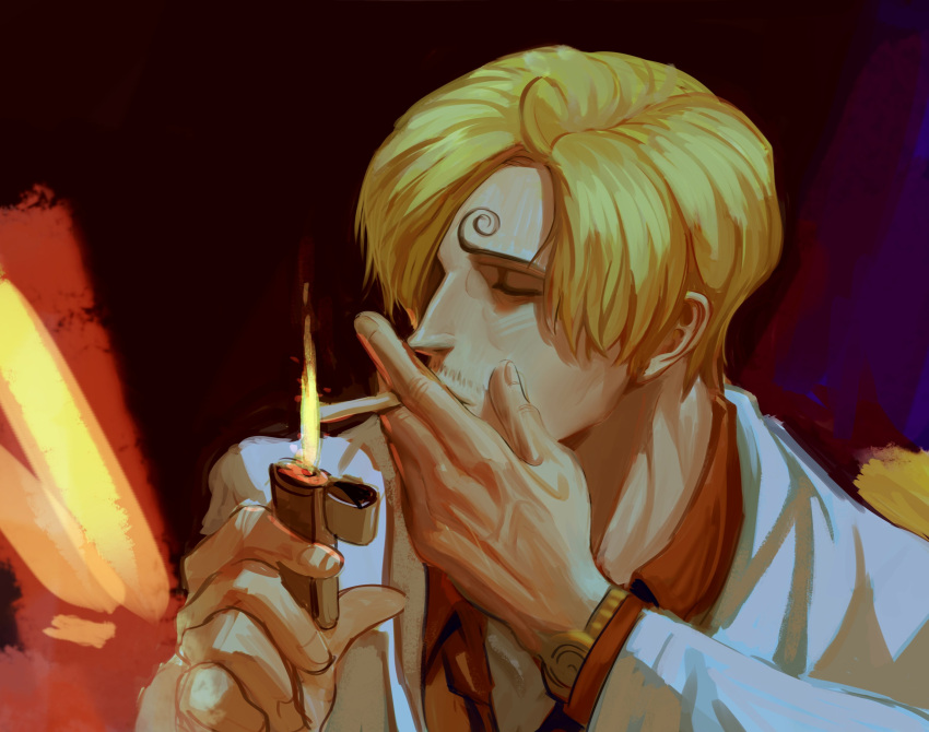 1boy absurdres blonde_hair cigarette closed_eyes curly_eyebrows facial_hair fire formal hair_over_one_eye highres holding holding_cigarette holding_lighter jacket lighter lighting_cigarette long_sleeves one_piece red_shirt rita_ya sanji_(one_piece) shirt short_hair watch watch white_jacket