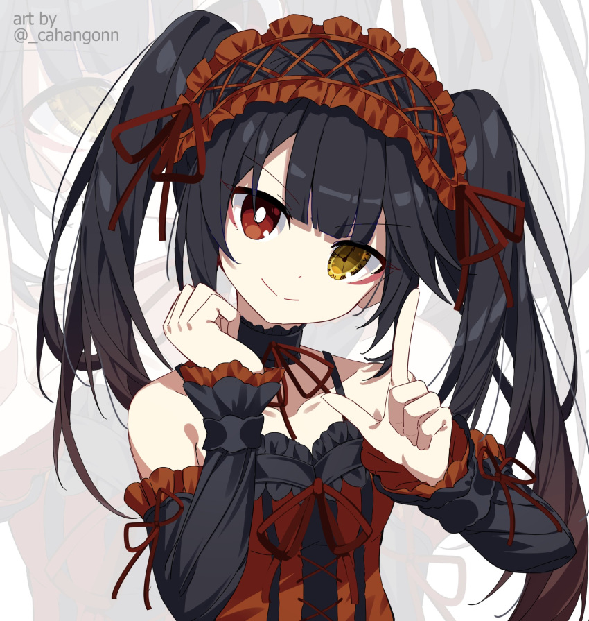 1girl bare_shoulders black_hair clock_eyes commission date_a_live detached_sleeves frilled_hairband frills hairband heterochromia highres lolita_fashion lolita_hairband looking_at_viewer shiroi_ou smile solo symbol-shaped_pupils tokisaki_kurumi twintails twitter_username two-tone_dress upper_body