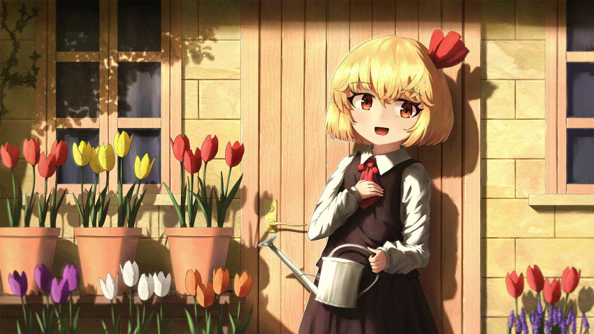 1girl :d black_dress blonde_hair blush collared_shirt cowboy_shot door door_handle dress flower hair_between_eyes hair_ribbon hand_on_own_chest hand_up highres holding holding_watering_can long_sleeves looking_at_viewer neckerchief open_mouth outdoors plant potted_plant red_eyes red_neckerchief red_ribbon ribbon rumia shadow shirt short_hair smile solo touhou tulip watering_can white_shirt window yoirone