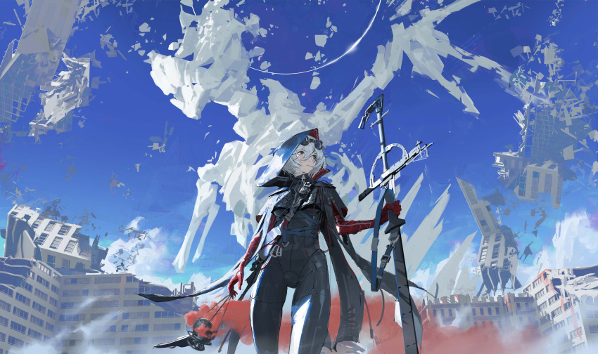 1girl absurdres black_bodysuit blue_sky bodysuit building chinese_commentary clouds day elbow_gloves eyewear_on_head gloves grey_hair highres holding holding_sword holding_weapon hood hood_up jef_wu original outdoors parted_lips red_gloves ruins short_hair sky smoke solo standing sword weapon