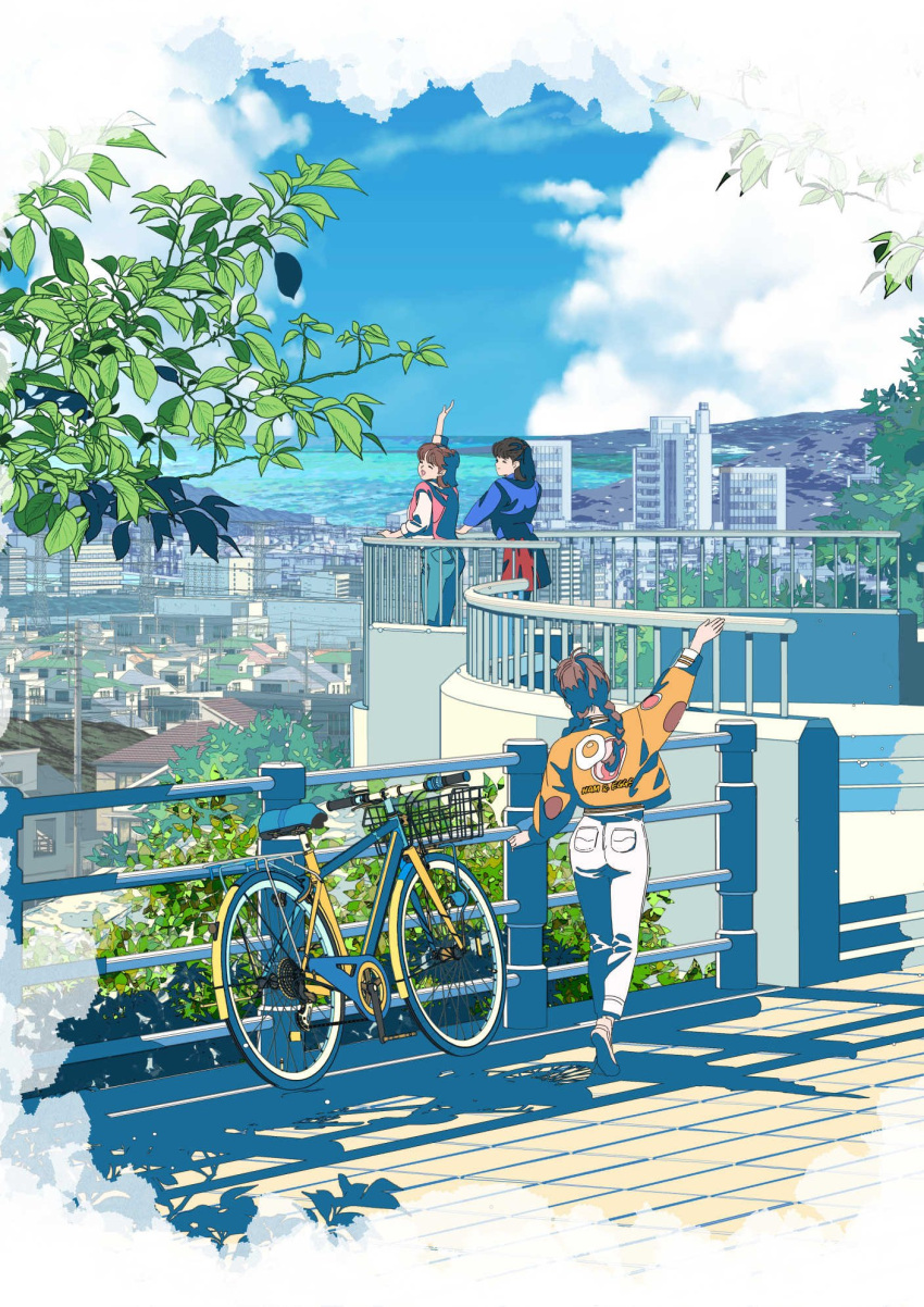 3girls :d bicycle black_hair blue_pants blue_shirt blue_sky braid brown_hair building bush cityscape closed_eyes clouds cloudy_sky denim edoya_inuhachi facing_ahead facing_to_the_side from_behind hair_over_shoulder highres jacket jeans long_sleeves low_twin_braids multiple_girls open_mouth original outdoors outstretched_arm pants railing red_skirt scenery shadow shirt skirt sky smile stone_floor tree twin_braids waving white_pants wide_shot yellow_jacket