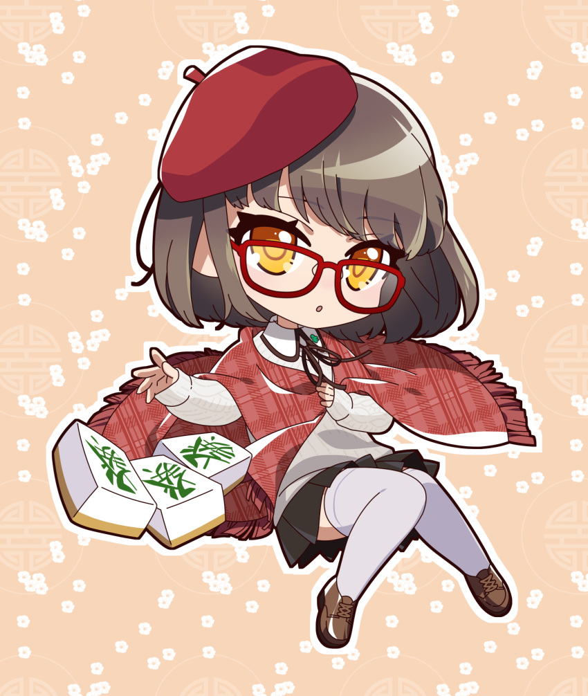 1girl :o beret black_skirt brown_footwear brown_hair brown_ribbon chibi commentary_request flat_chest full_body glasses grey_sweater hat highres long_sleeves looking_at_viewer mahjong_soul mahjong_tile medium_bangs neck_ribbon ninomiya_hana open_mouth orange_background outline plaid_shawl pleated_skirt red-framed_eyewear red_hat red_shawl ribbon sge51 shawl shoes short_hair skirt solo sweater thigh-highs white_outline white_thighhighs yellow_eyes