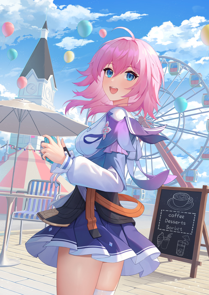 1girl absurdres ahoge balloon black_corset blue_eyes blue_jacket blue_skirt blue_sky breasts camera chair chalkboard chinese_commentary clouds cloudy_sky corset cowboy_shot ferris_wheel flower_ornament from_side gradient_jacket highres holding holding_camera honkai:_star_rail honkai_(series) jacket long_sleeves march_7th_(honkai:_star_rail) medium_breasts medium_hair menu_board miniskirt open_mouth pink_hair pink_jacket pleated_skirt shirt skirt sky smile solo table teeth thigh_strap underbust upper_teeth_only wa_(user_snch2757) white_shirt