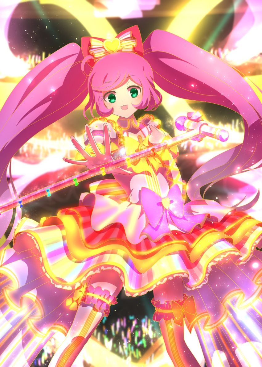 1girl :d ahoge audience blurry blurry_background bow detached_sleeves dress feet_out_of_frame frilled_thighhighs frills glowing_clothes glowstick green_eyes hair_bow heart highres idol idol_clothes legs_apart long_hair looking_at_viewer manaka_laala microphone_stand multicolored_clothes multicolored_dress open_mouth pink_bow pretty_series pripara puffy_detached_sleeves puffy_sleeves purple_hair reaching reaching_towards_viewer smile solo stage standing thigh-highs twintails very_long_hair