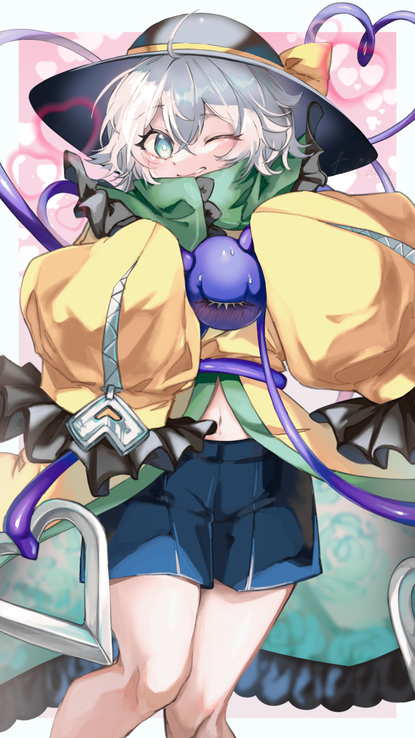 1girl absurdres ahoge black_hat blue_shorts blush border bow bright_pupils commentary_request crossed_bangs eyeball feet_out_of_frame frilled_scarf green_eyes green_scarf grey_hair hair_between_eyes hands_up hat hat_bow heart heart_of_string highres holding_eyeball jacket komeiji_koishi kumao_shamu115 medium_hair navel one_eye_closed pink_background scarf shirt shorts simple_background sleeves_past_fingers sleeves_past_wrists solo standing third_eye touhou touhou_gensou_eclipse white_border white_pupils white_shirt yellow_bow yellow_jacket zipper