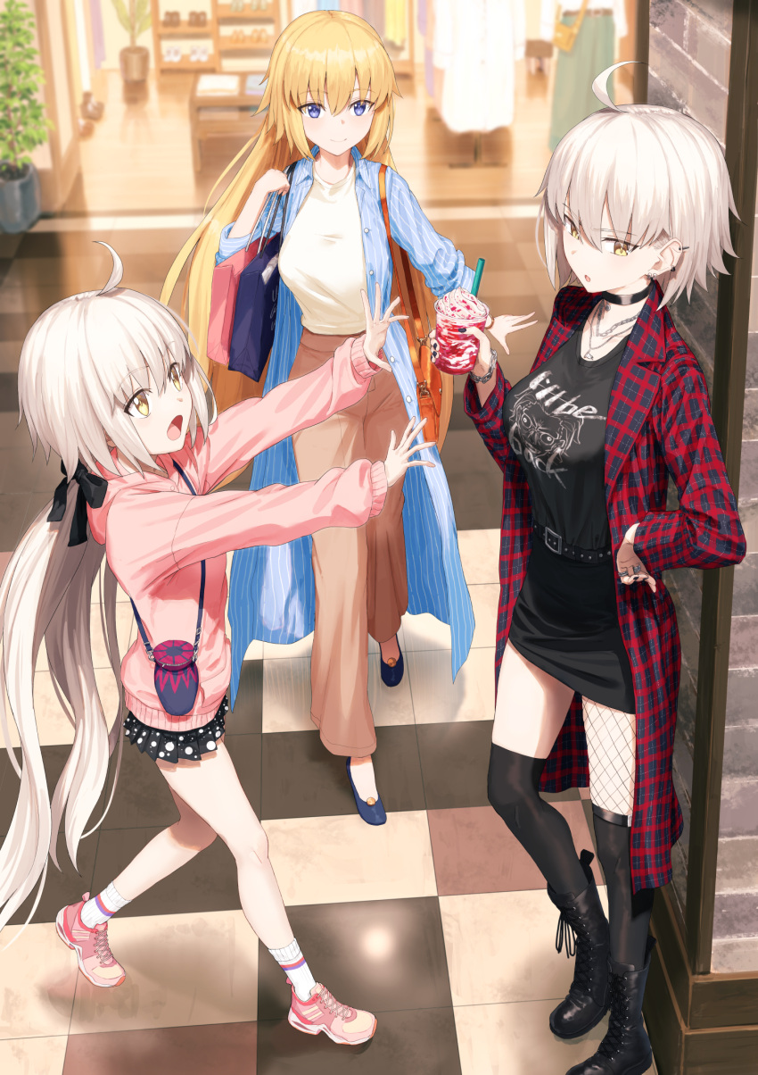 3girls :d ahoge alternate_costume bag black_footwear black_nails black_shirt black_skirt black_thighhighs blonde_hair blue_coat blue_footwear blurry breasts brown_pants casual character_print closed_mouth clothes_shop coat cross-laced_footwear depth_of_field drinking_straw earrings fate/grand_order fate_(series) gilles_de_rais_(caster)_(fate) highres holding hood hood_down hoodie jacket jeanne_d'arc_(fate) jeanne_d'arc_alter_(fate) jeanne_d'arc_alter_santa_lily_(fate) jewelry kamo_ashi large_breasts looking_at_another miniskirt multiple_girls open_mouth pants parted_lips pencil_skirt pink_footwear pink_hoodie ponytail print_shirt red_jacket shirt shoes shopping_bag short_hair single_fishnet_legwear skirt smile sneakers socks sweater thigh-highs tile_floor tiles violet_eyes white_hair white_socks white_sweater yellow_eyes